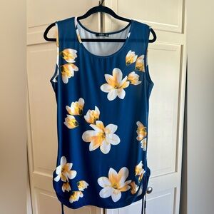 Lily by Firmiana Floral Print Sleeveless Tunic w/ Ruched Tie Sides Navy & Yellow
